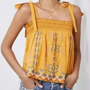 By Anthropologie 100% Cotton Embroidered Smocked Swing Self Tie Tank Top M